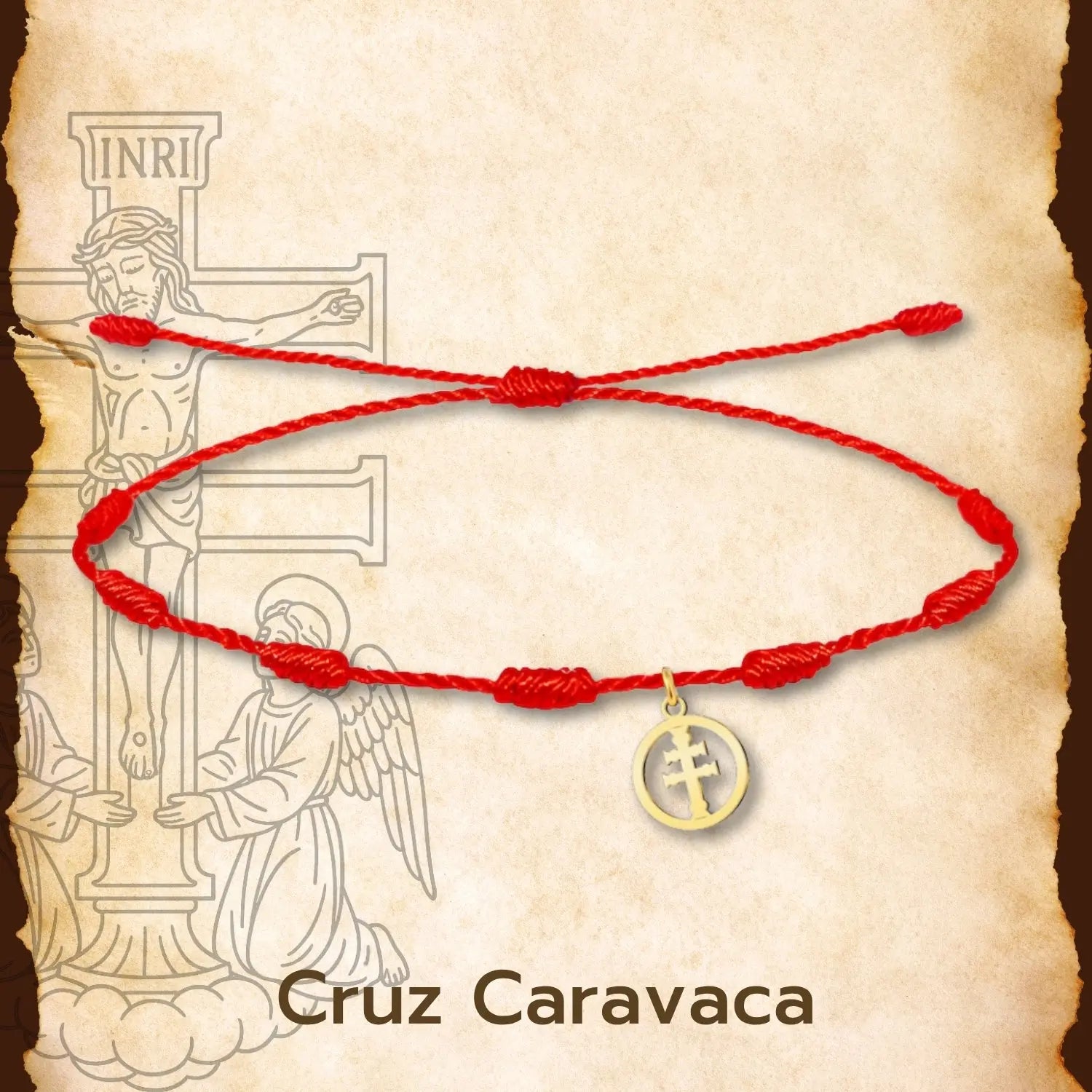Pulsera Roja 7 Nudos con Medalla Cruz de Caravaca en Acero Dorado - cotigo