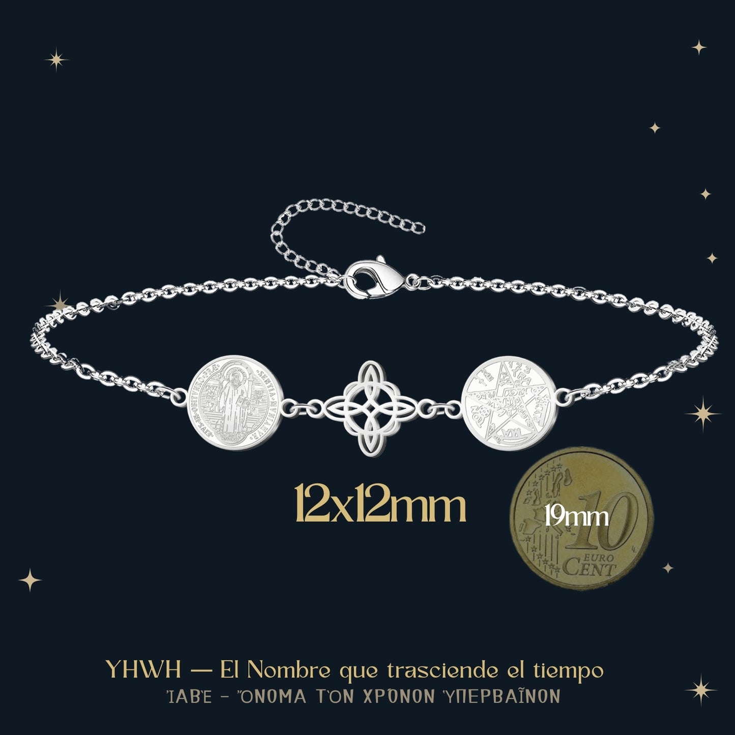 Pulsera Tetragrammaton con Nudo de Bruja y San Benito | Amuleto de Protección y Luz Divina en Acero Inoxidable