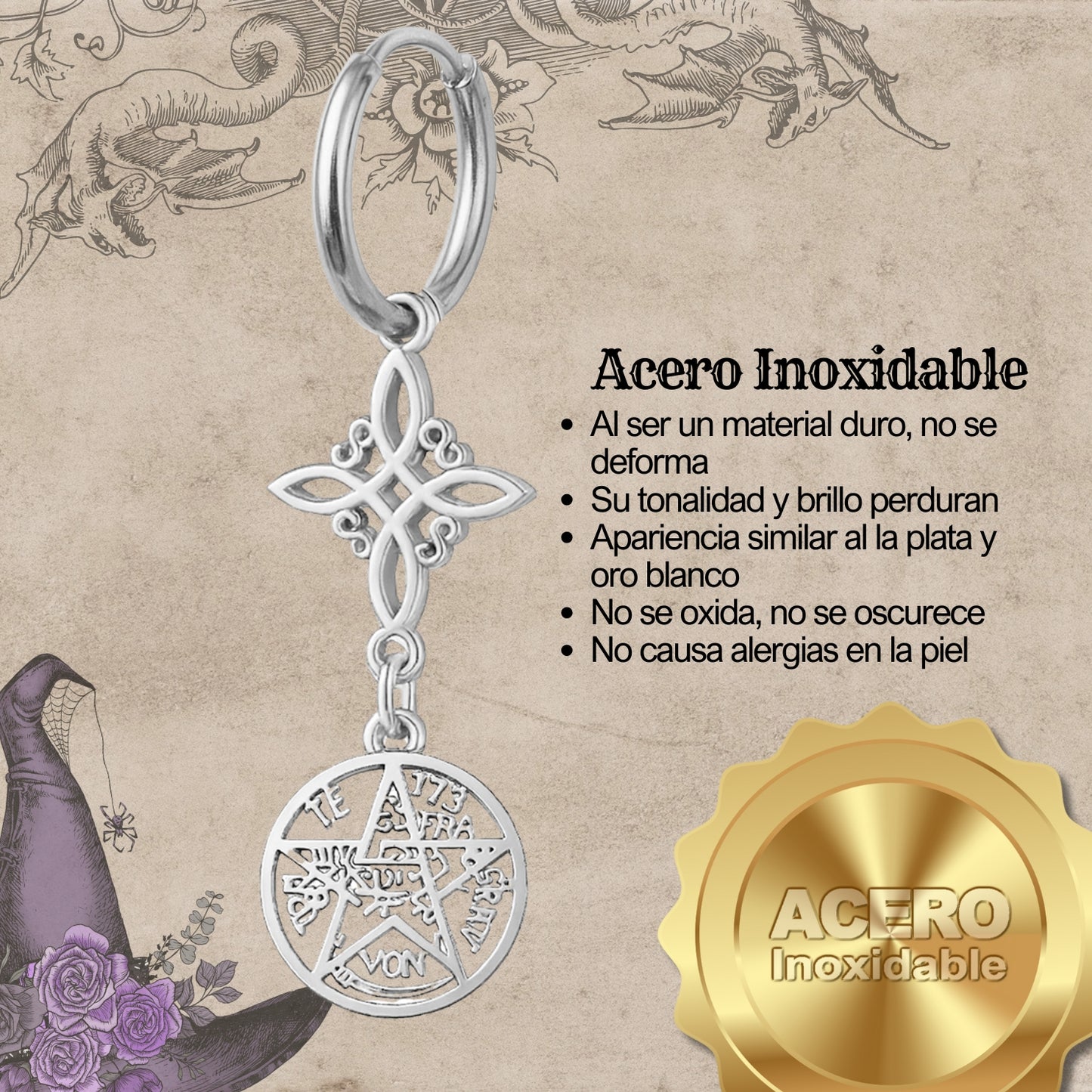 Pendientes Tetragramatón con Nudo de Bruja – Acero Inoxidable Plateado, Amuleto de Protección