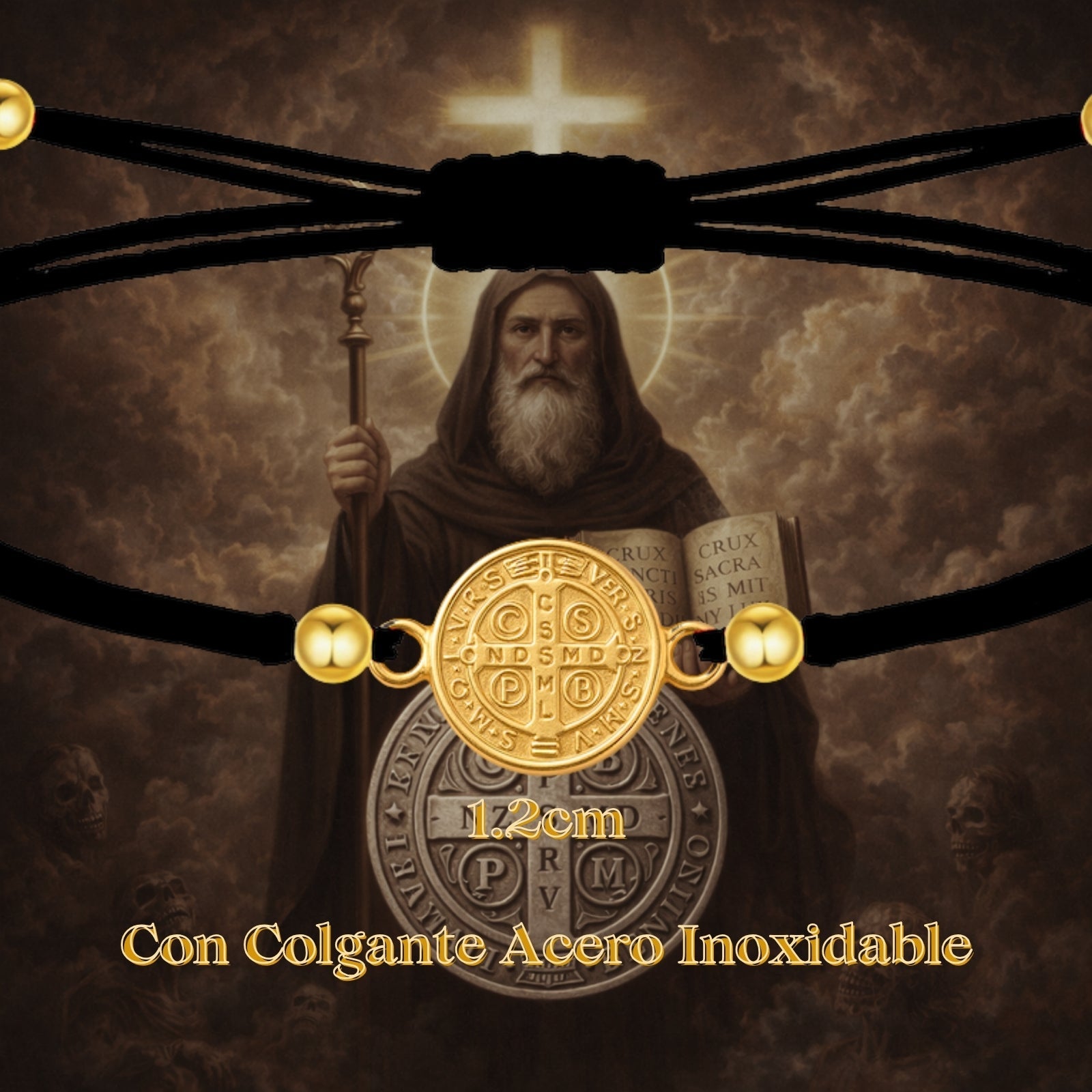 Pulsera Hilo Encerado con Medalla de San Benito Acero Inoxidable