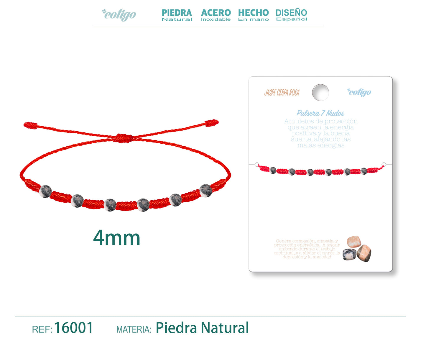 Pulsera 7 Nudos con Jaspe cebra rosa 4mm