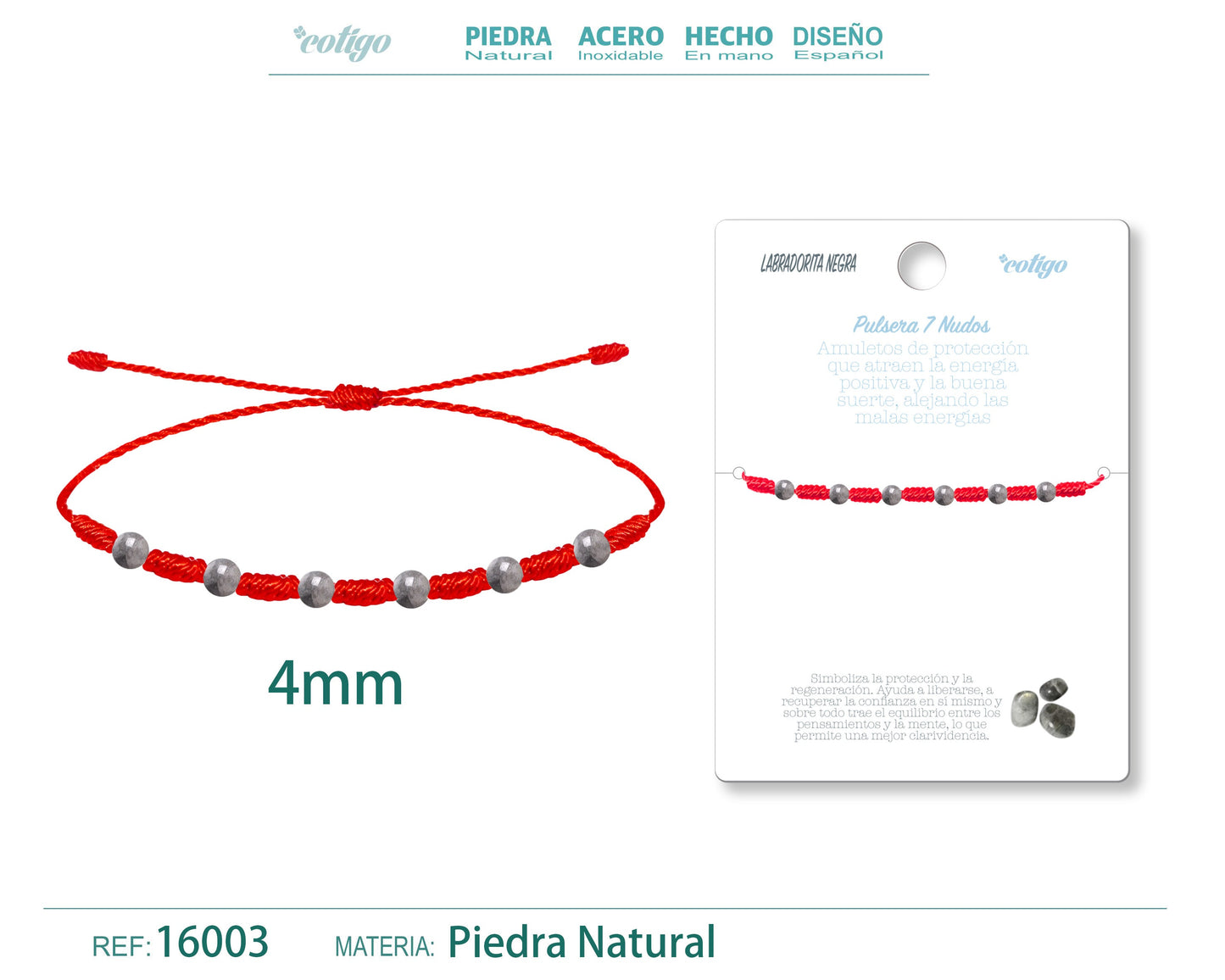 Pulsera 7 Nudos con Labradorita negra 4mm