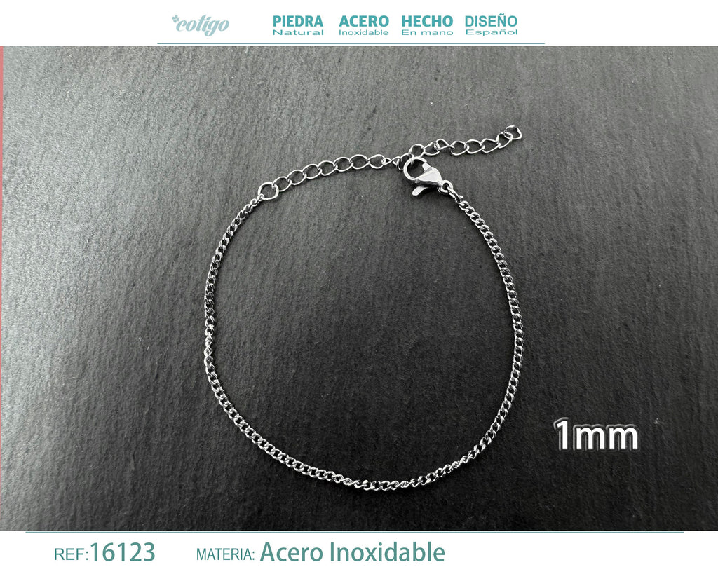 Pulsera de Cadena Eslabón Fino de 1 mm en Acero Inoxidable en acabado plateado – vista principal