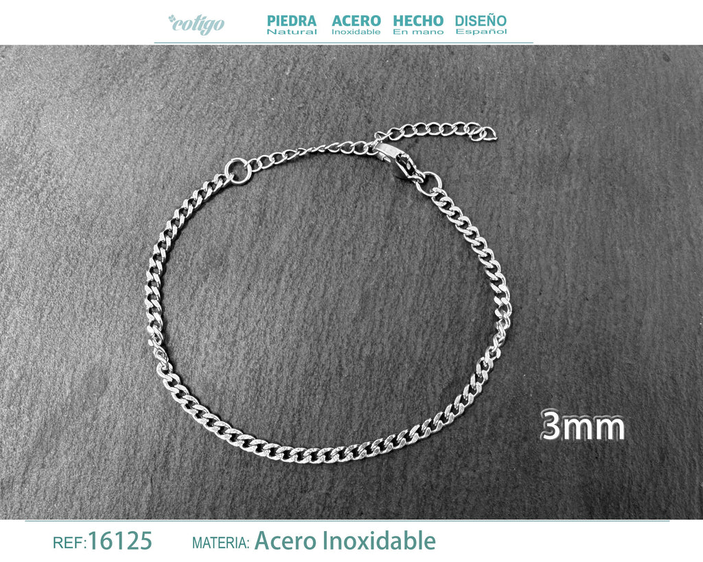 Pulsera de Cadena Barbada de 3 mm en Acero Inoxidable en acabado plateado – vista principal del diseño cadena barbada de 3 mm