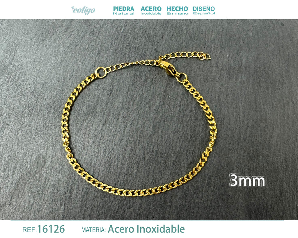 Pulsera de Cadena Barbada de 3 mm en Acero Inoxidable en acabado dorado – vista principal del diseño cadena barbada de 3 mm
