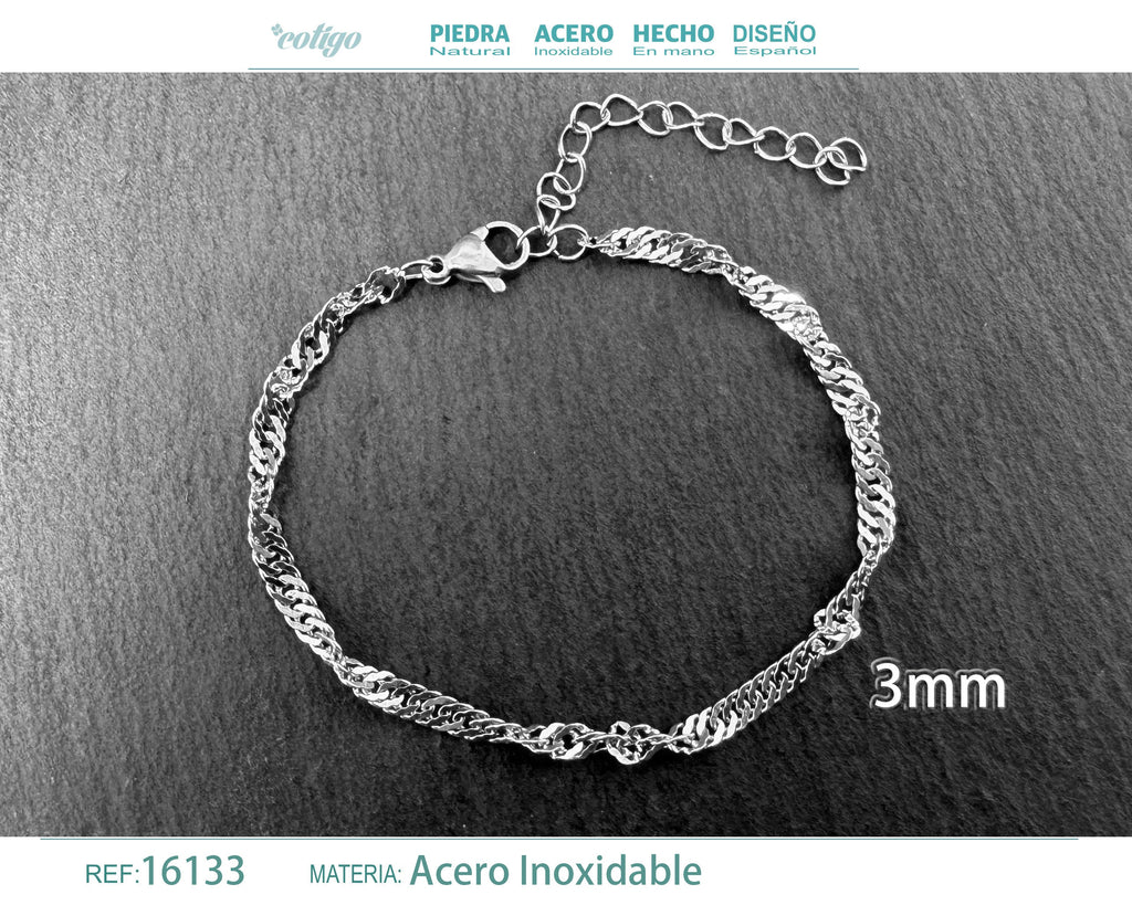 Pulsera de Cadena Trenzada de 3 mm en Acero Inoxidable en acabado plateado – vista principal