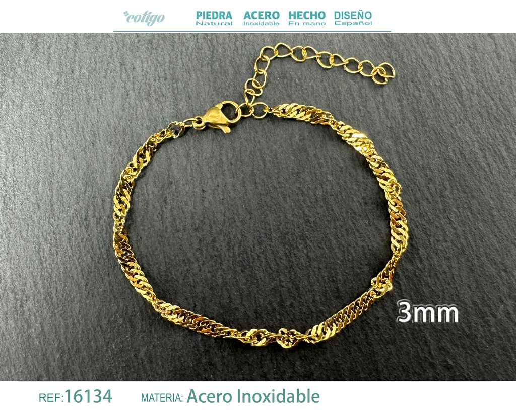 Pulsera de Cadena Trenzada de 3 mm en Acero Inoxidable en acabado dorado – vista principal del diseño cadena trenzada de 3 mm