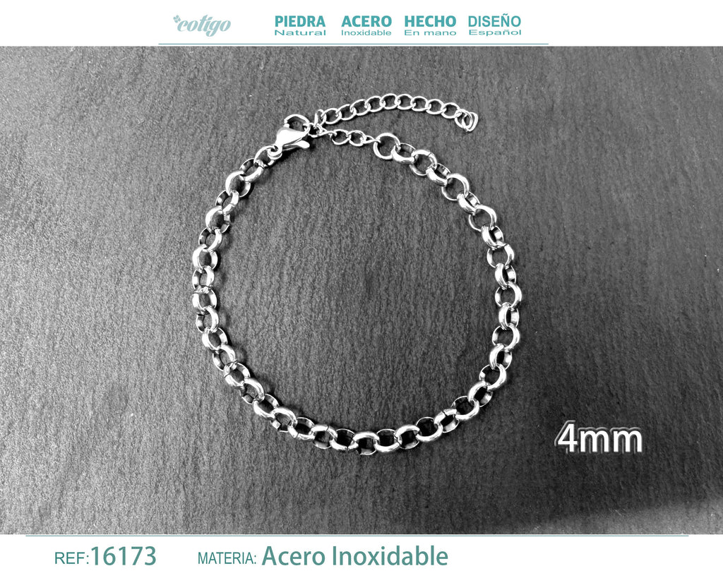 Pulsera de Cadena Eslabón Redondo de 4 mm en Acero Inoxidable en acabado plateado – vista principal