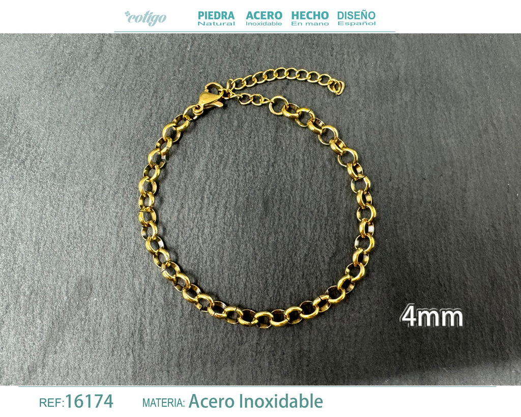 Pulsera de Cadena Eslabón Redondo de 4 mm en Acero Inoxidable en acabado dorado – vista principal