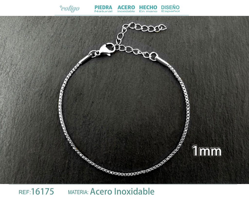 Pulsera de Cadena Fina de 1 mm en Acero Inoxidable en acabado plateado – vista principal del diseño cadena fina de 1 mm