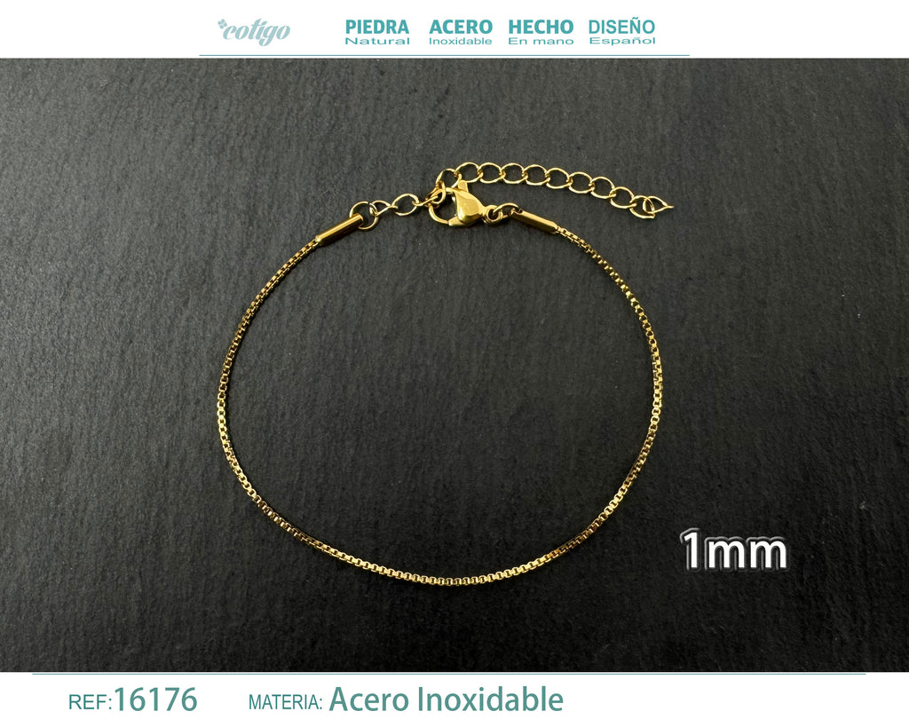 Pulsera de Cadena Fina de 1 mm en Acero Inoxidable en acabado dorado – vista principal del diseño cadena fina de 1 mm