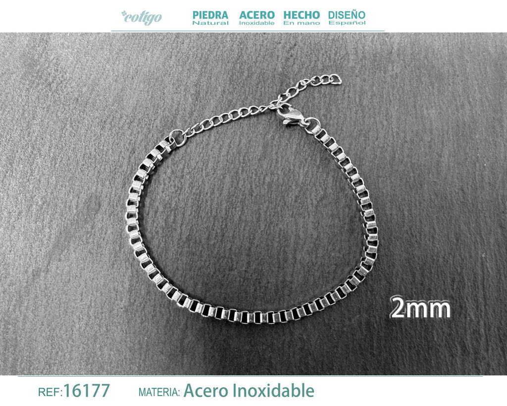 Pulsera de Cadena Caja de 2 mm en Acero Inoxidable en acabado plateado – vista principal del diseño cadena caja de 2 mm