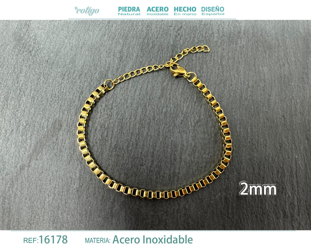 Pulsera de Cadena Caja de 2 mm en Acero Inoxidable en acabado dorado – vista principal del diseño cadena caja de 2 mm