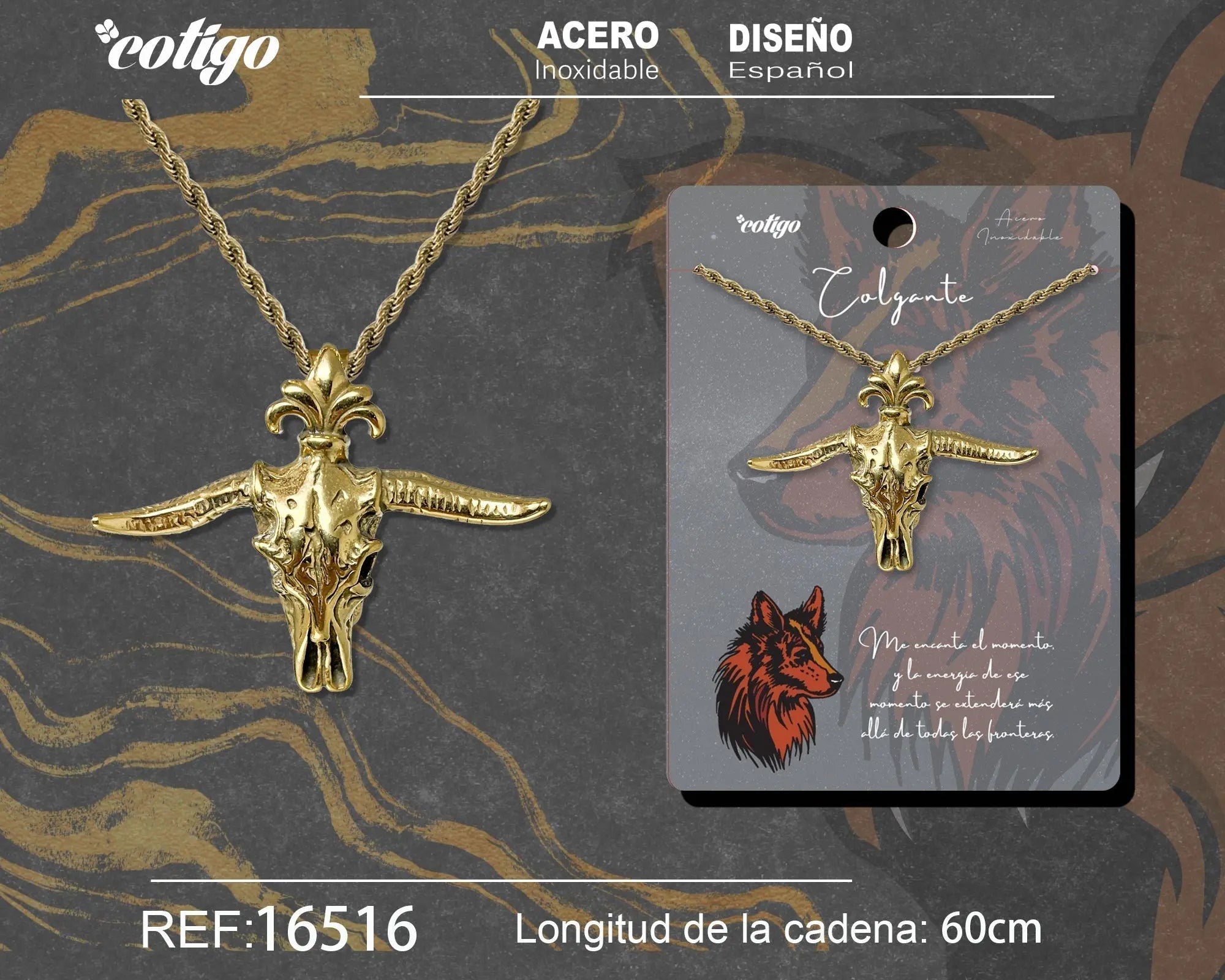 Collar Cráneo de Toro en Acero - Acabado Dorado - SKU 16516