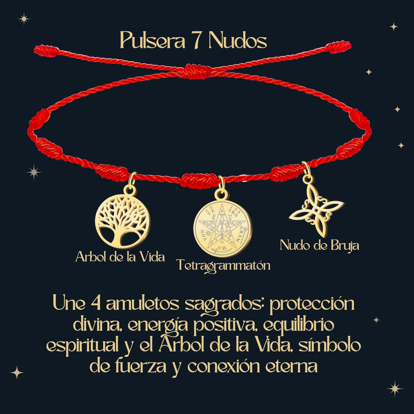 Pulsera 7 nudos con Nudo de Bruja y Tetragramatón, y Árbol de la Vida Dorado Acero Inoxidable