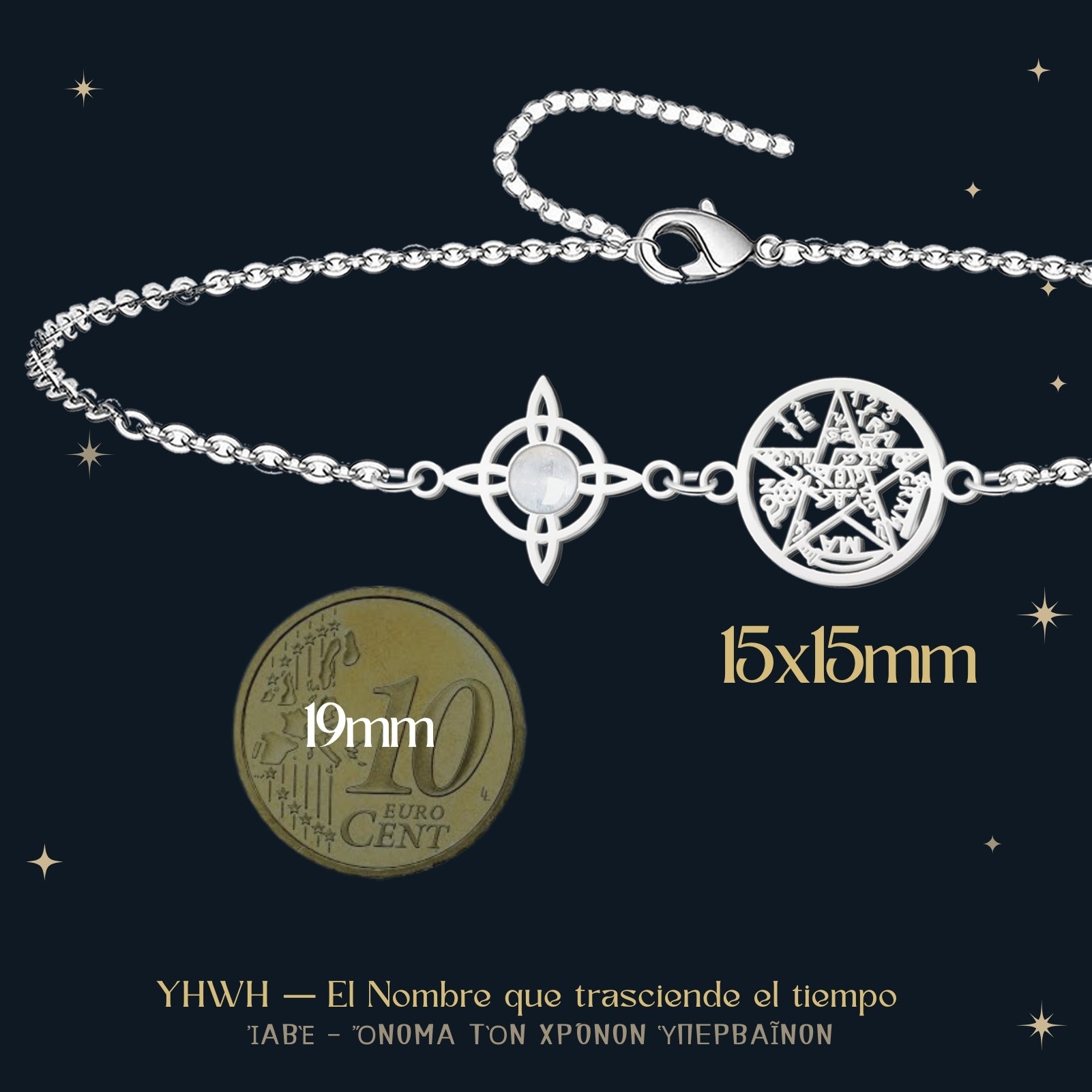 Pulsera Tetragrammaton y Nudo de Bruja con Cuarzo Blanco en Acero - cotigo