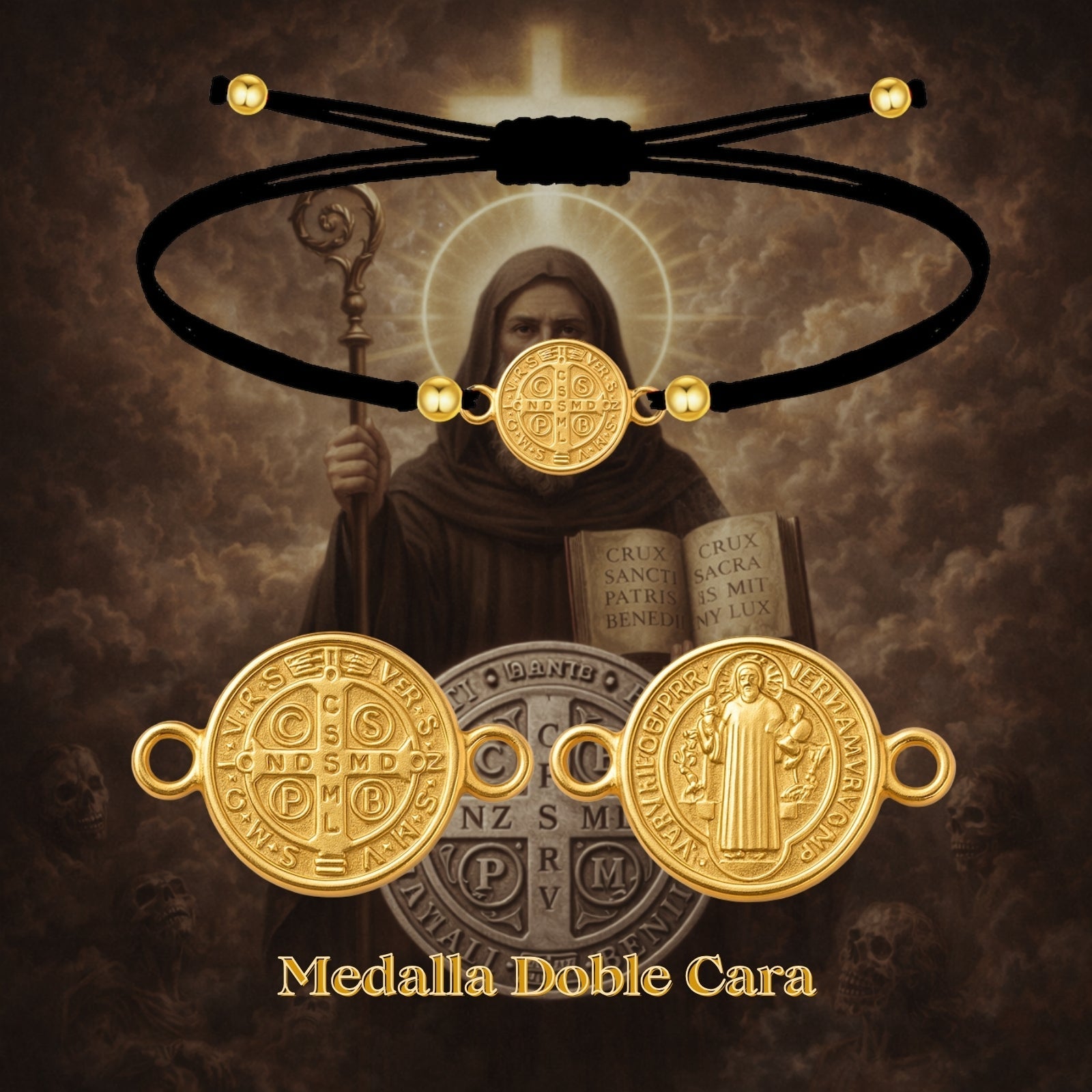 Pulsera Hilo Encerado con Medalla de San Benito Acero Inoxidable