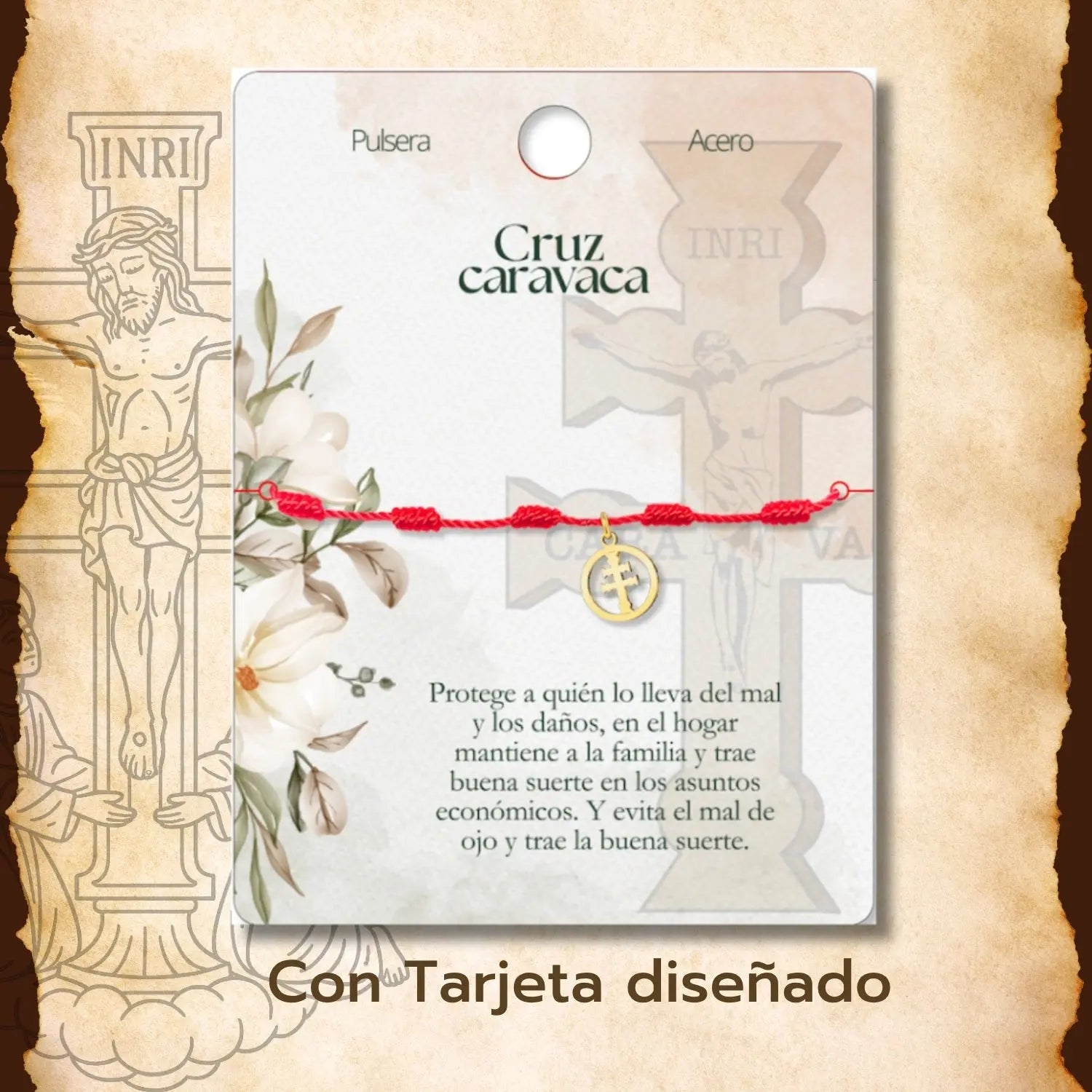 Pulsera Roja 7 Nudos con Medalla Cruz de Caravaca en Acero Dorado - cotigo
