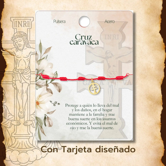 Pulsera Roja 7 Nudos con Medalla Cruz de Caravaca en Acero Dorado - cotigo