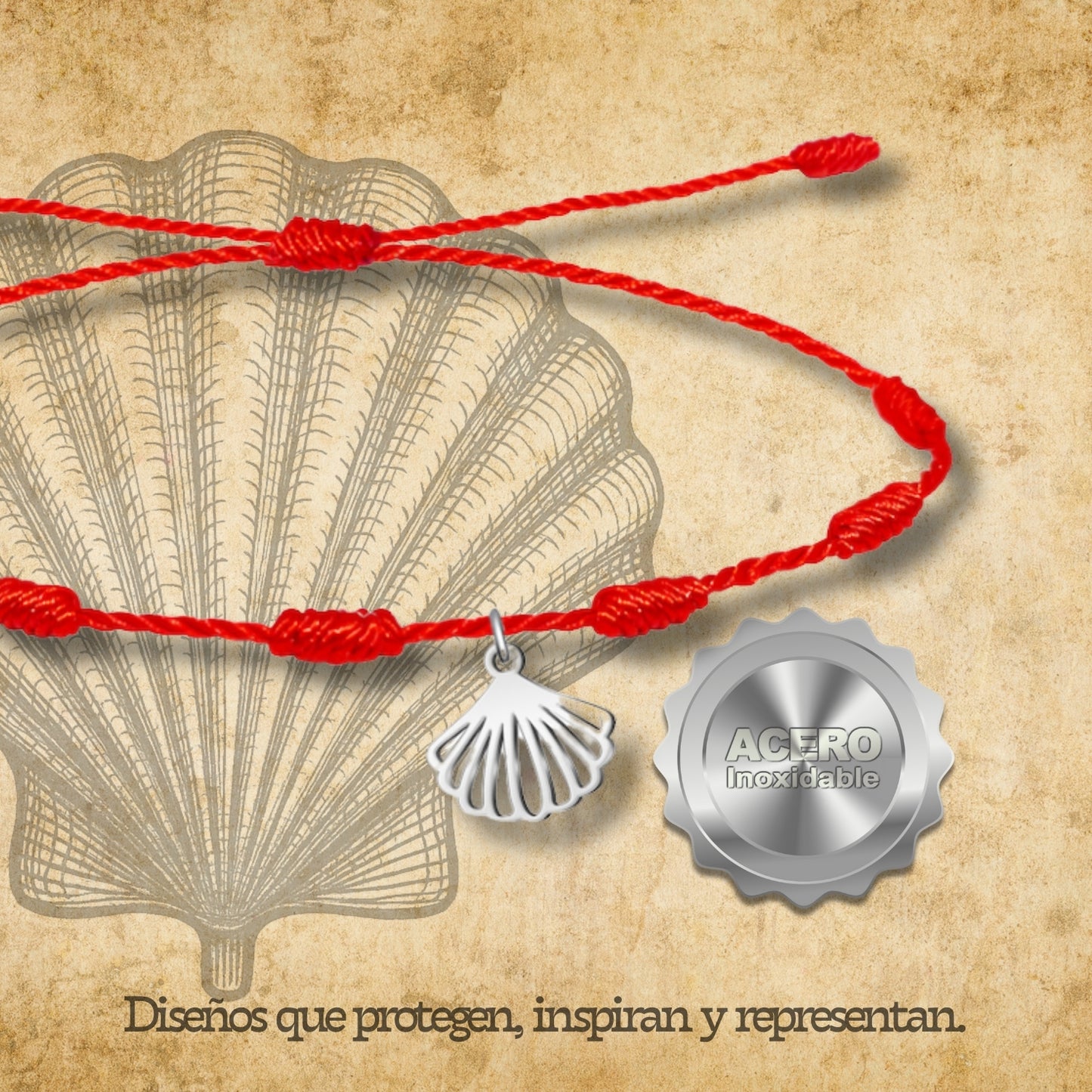 Pulsera 7 Nudos con La concha de vieir Acero Plateado
