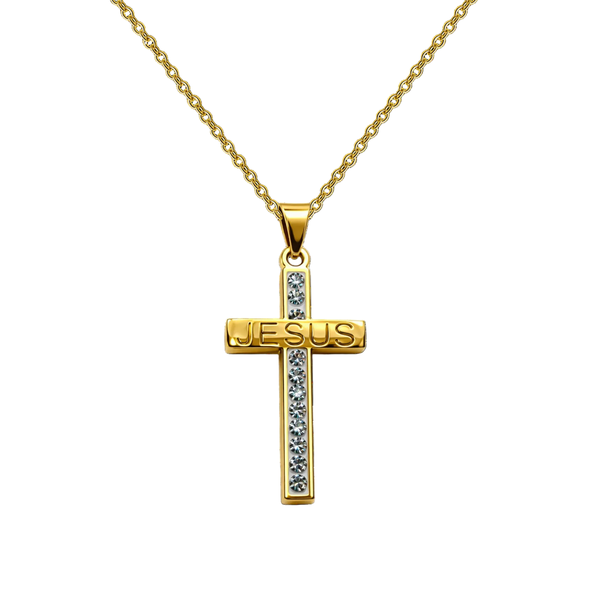 Collar con Cruz grabado con Sagrada Escritura en Acero Dorado cotigo
