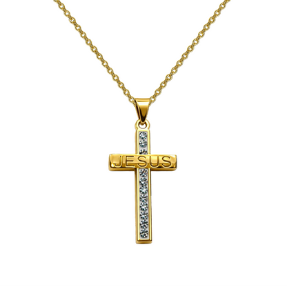 Collar con Cruz grabado con Sagrada Escritura en Acero Dorado