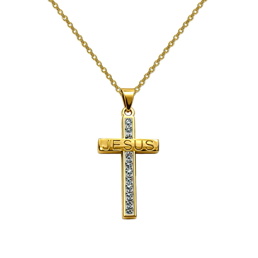 Collar con Cruz grabado con Sagrada Escritura en Acero Dorado