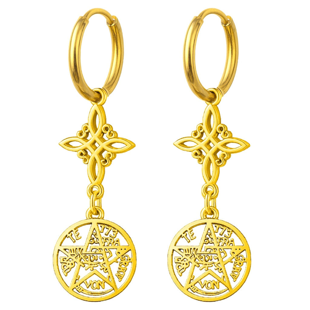 Pendientes de aro en acero inoxidable dorado con colgantes verticales: Nudo de Bruja (arriba) y Tetragrammatón (abajo).