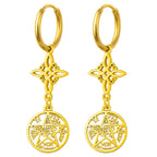 Pendientes de aro en acero inoxidable dorado con colgantes verticales: Nudo de Bruja (arriba) y Tetragrammatón (abajo).