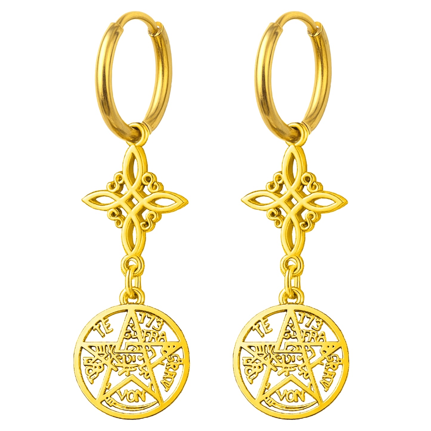 Pendientes Tetragramatón con Nudo de Bruja – Acero Inoxidable Dorado, Amuleto de Protección