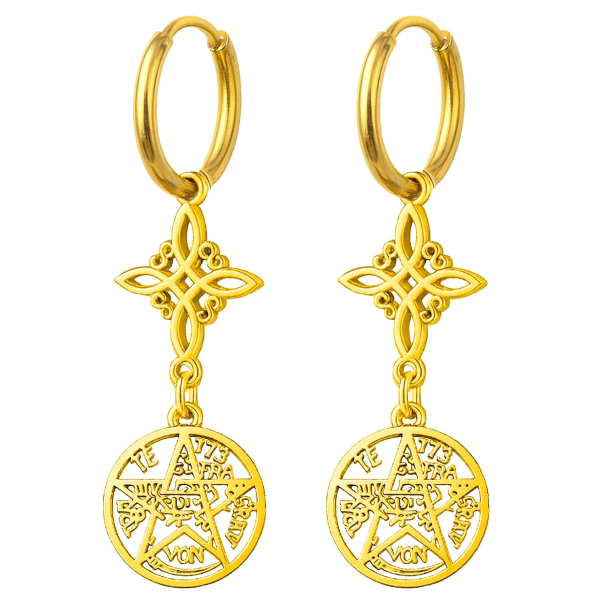 Pendientes de aro en acero inoxidable dorado con colgantes verticales: Nudo de Bruja (arriba) y Tetragrammatón (abajo).