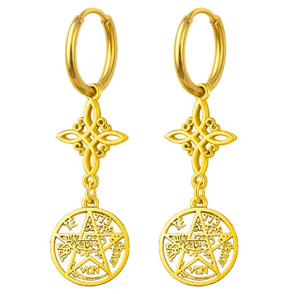 Pendientes Tetragramatón con Nudo de Bruja – Acero Inoxidable Dorado, Amuleto de Protección