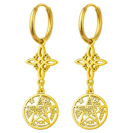 Pendientes Tetragramatón con Nudo de Bruja – Acero Inoxidable Dorado, Amuleto de Protección