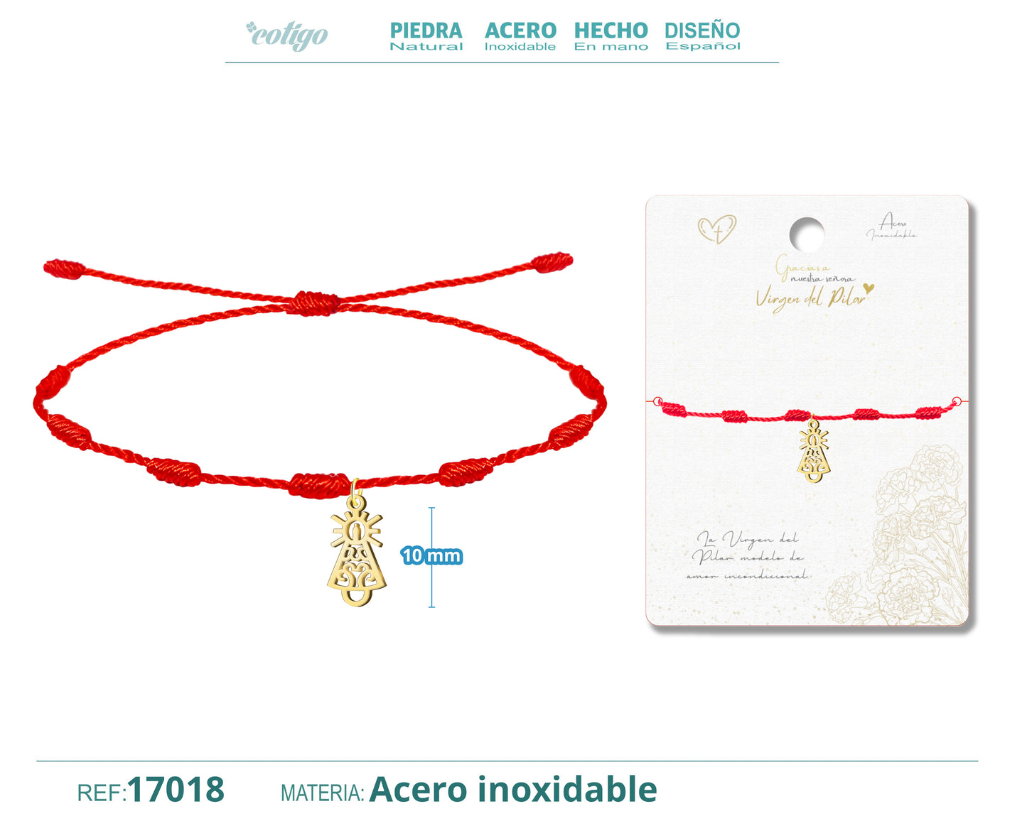 Pulsera 7 Nudos con Silueta de Virgen del Pilar en Acero Dorado