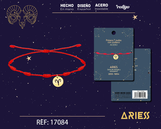PULSERA 7 NUDOS CON ARIES ACERO COLOR DORADO