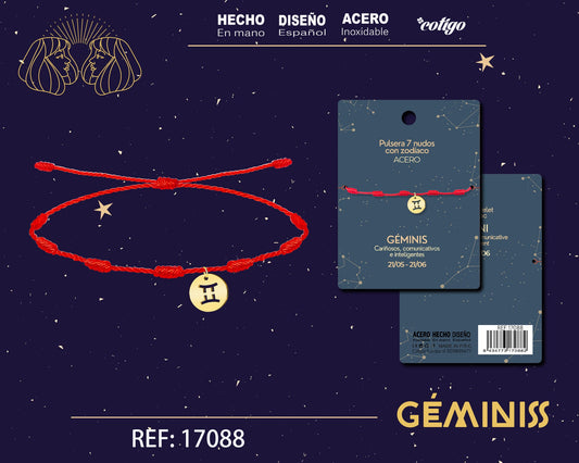 PULSERA 7 NUDOS CON GEMINIS ACERO COLOR DORADO