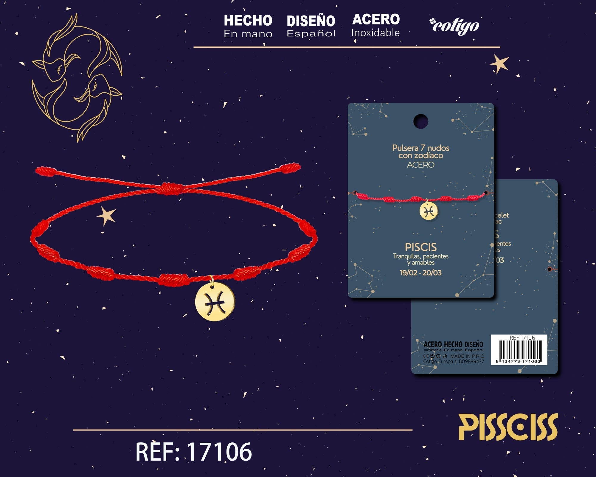 Pulsera 7 Nudos Zodiaco Acero - Dorado - Piscis - SKU 17106