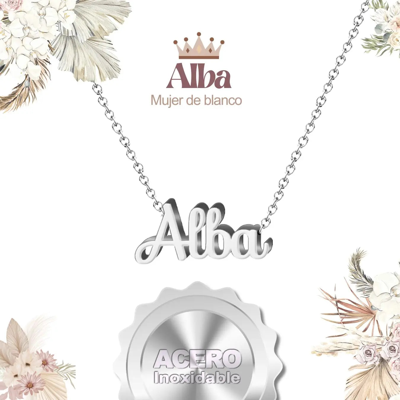 Collar Edición Nombre "alba" - Acero Tono Plateado textura
