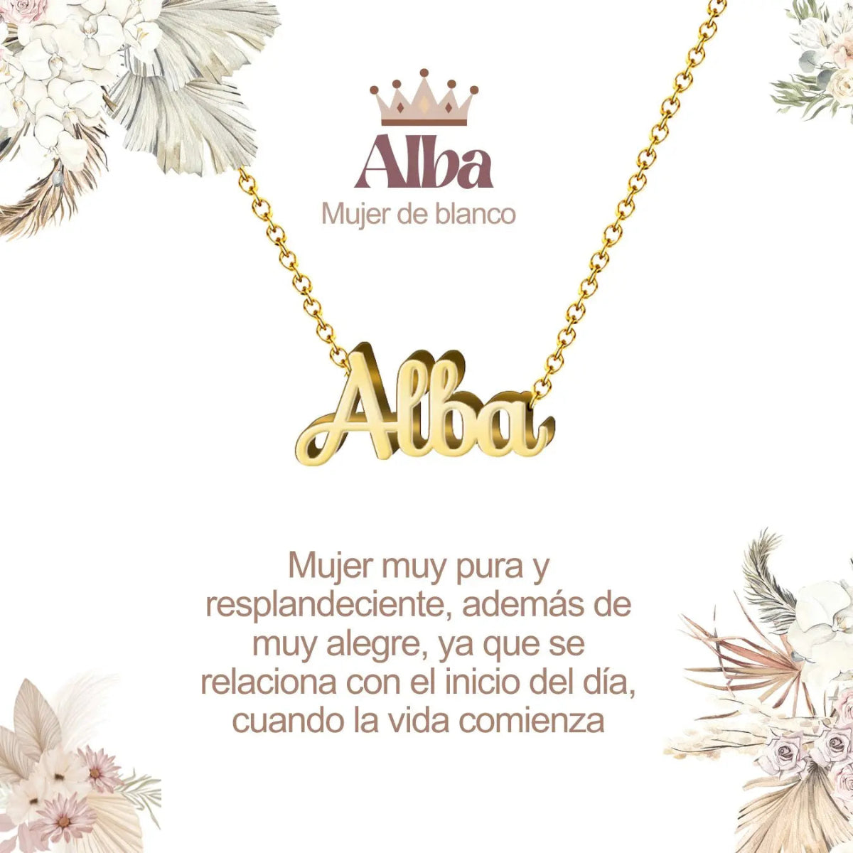 Collar con nombre Alba diseño radiante bañado en oro 14k significado de amanecer y primera luz regalo mujer luminosa.