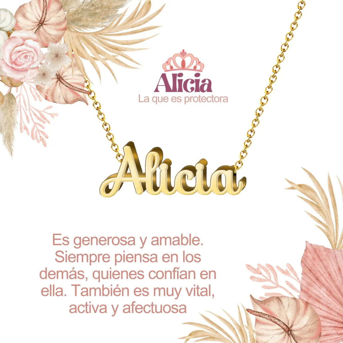 Collar con nombre Alicia diseño noble bañado en oro 14k significado de verdad y nobleza regalo mujer sincera.