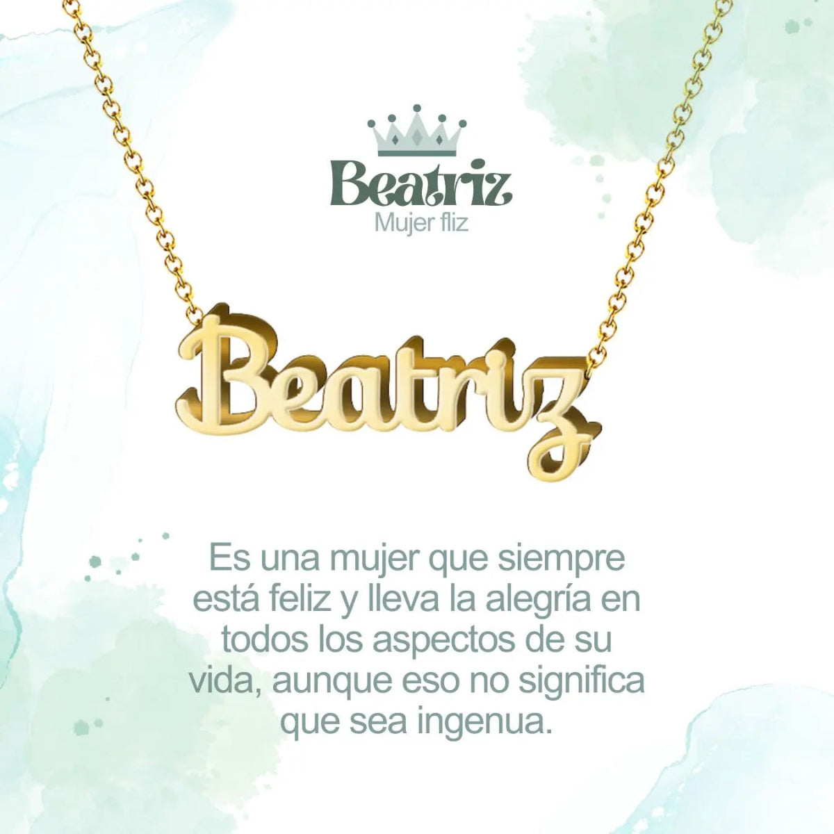 Collar con nombre Beatriz diseño alegre bañado en oro 14k significado de portadora de felicidad regalo mujer optimista.