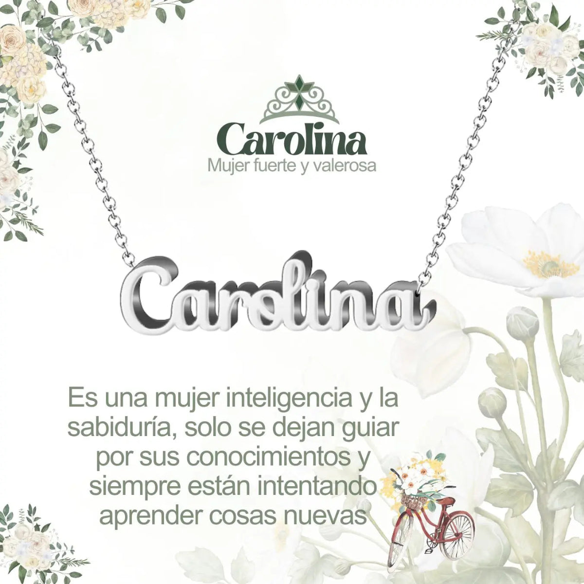 Collar con nombre Carolina en acero inoxidable plateado resistente al agua joya independiente regalo para mujer inteligente.