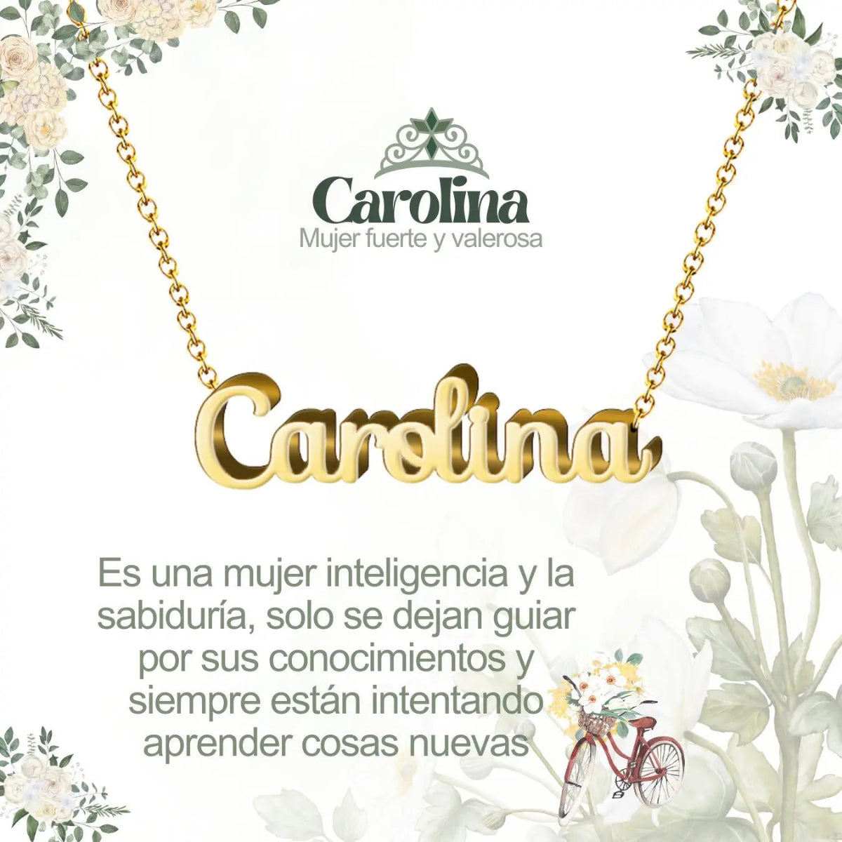Collar con nombre Carolina diseño melodioso bañado en oro 14k significado de mujer libre y fuerte regalo mujer dulce.