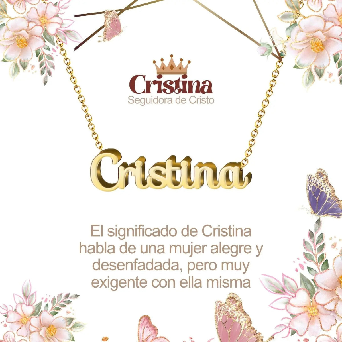 Collar con nombre Cristina diseño clásico bañado en oro 14k significado de la ungida y elegancia regalo mujer distinguida.