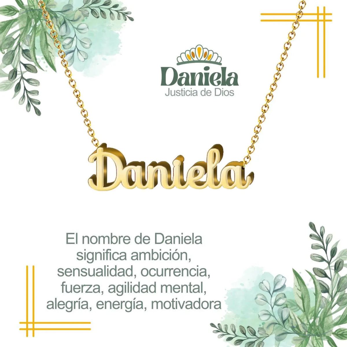 Collar con nombre Daniela diseño sofisticado bañado en oro 14k significado de Dios es mi juez y confianza regalo mujer segura.