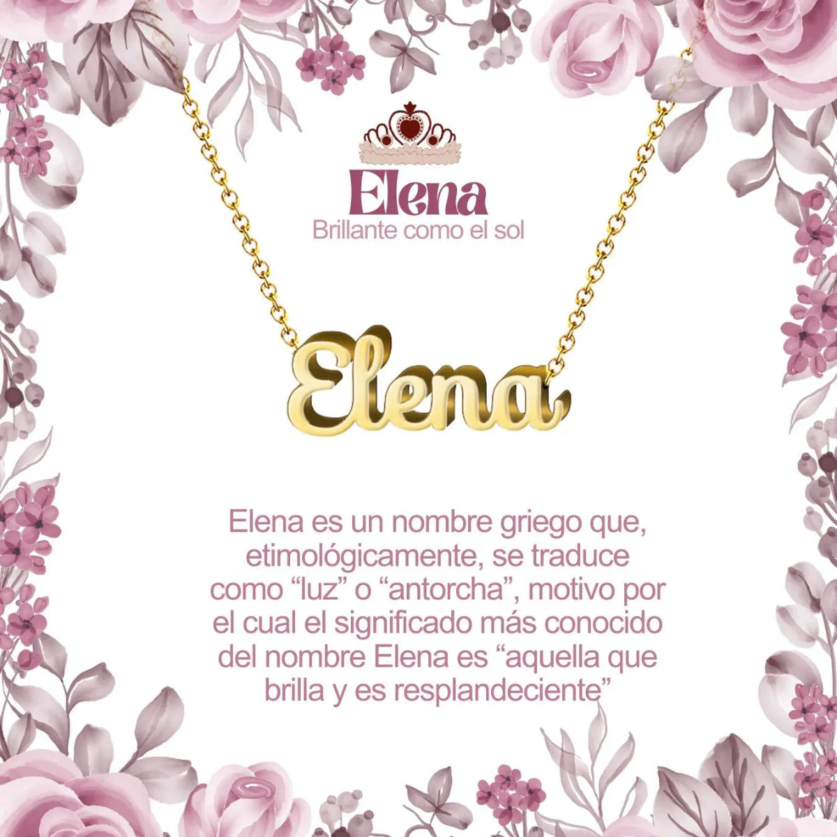 Collar con nombre Elena diseño luminoso bañado en oro 14k significado de luz brillante y antorcha regalo mujer radiante.
