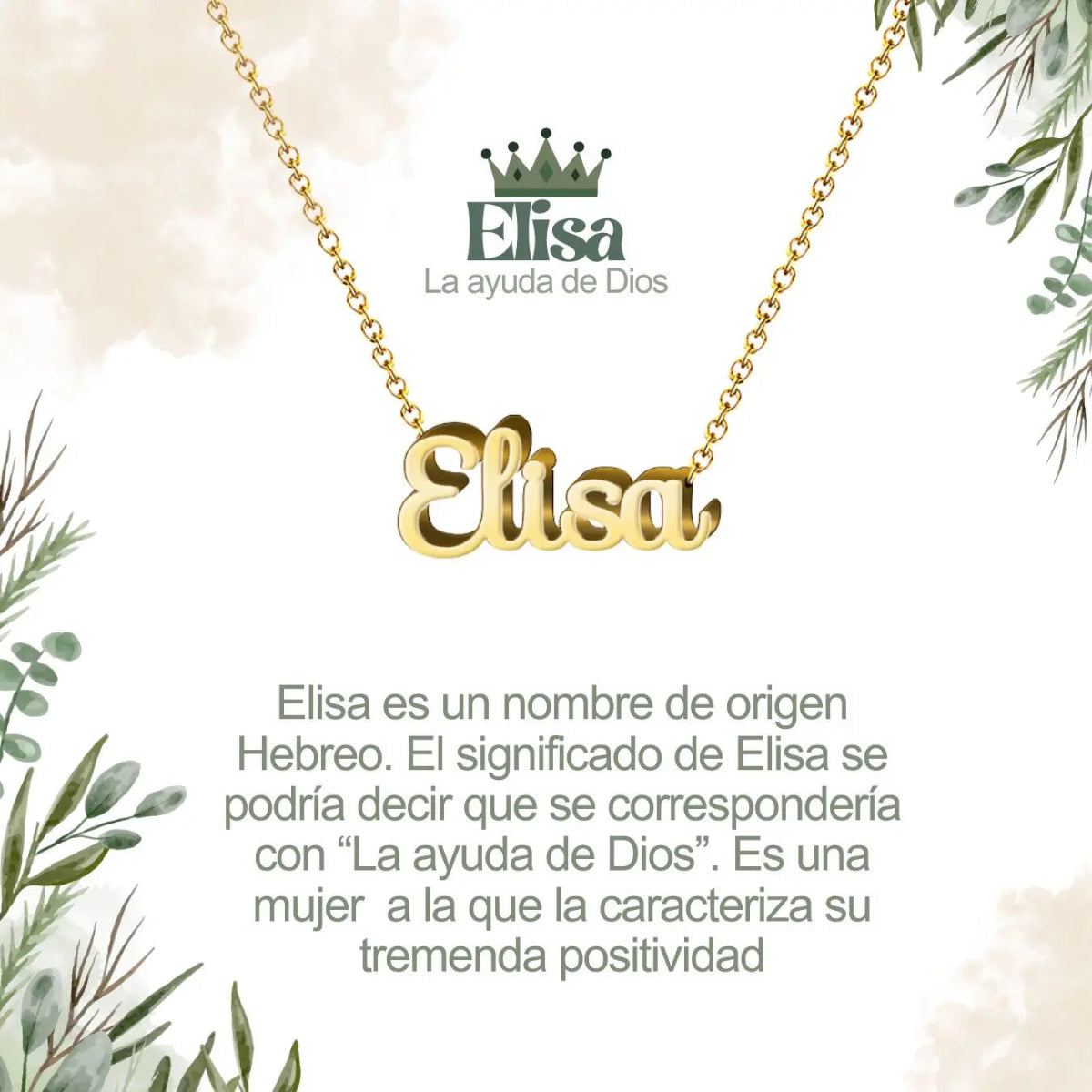 Collar con nombre Elisa diseño alegre bañado en oro 14k significado de promesa divina y felicidad regalo mujer dulce.
