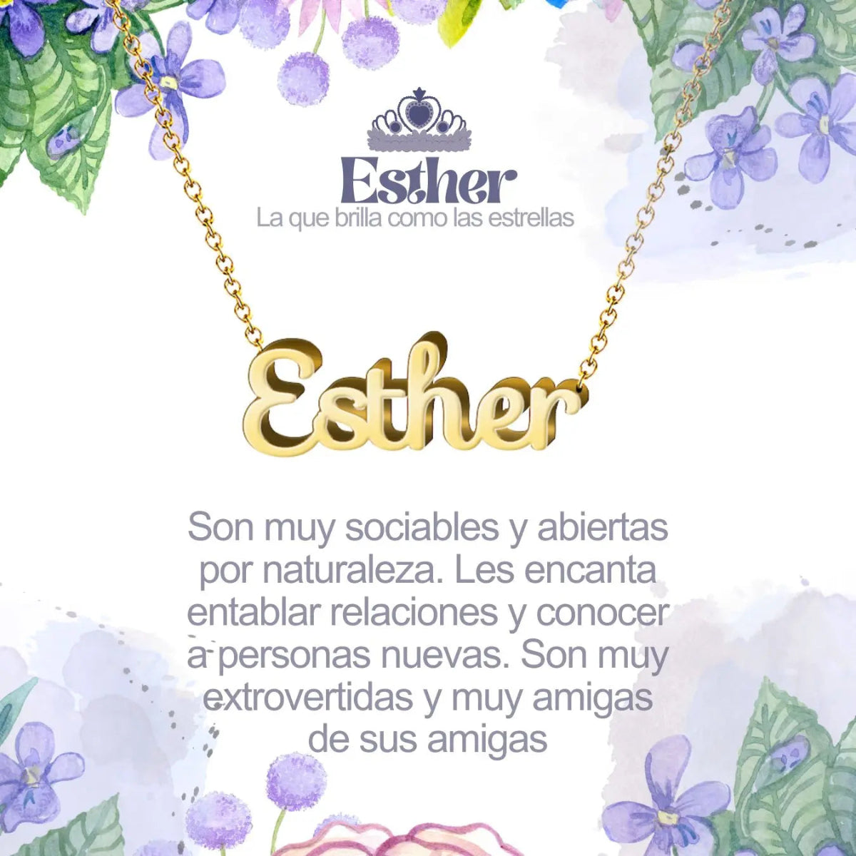 Collar con nombre Esther diseño celestial bañado en oro 14k significado de estrella y reina regalo mujer luminosa.