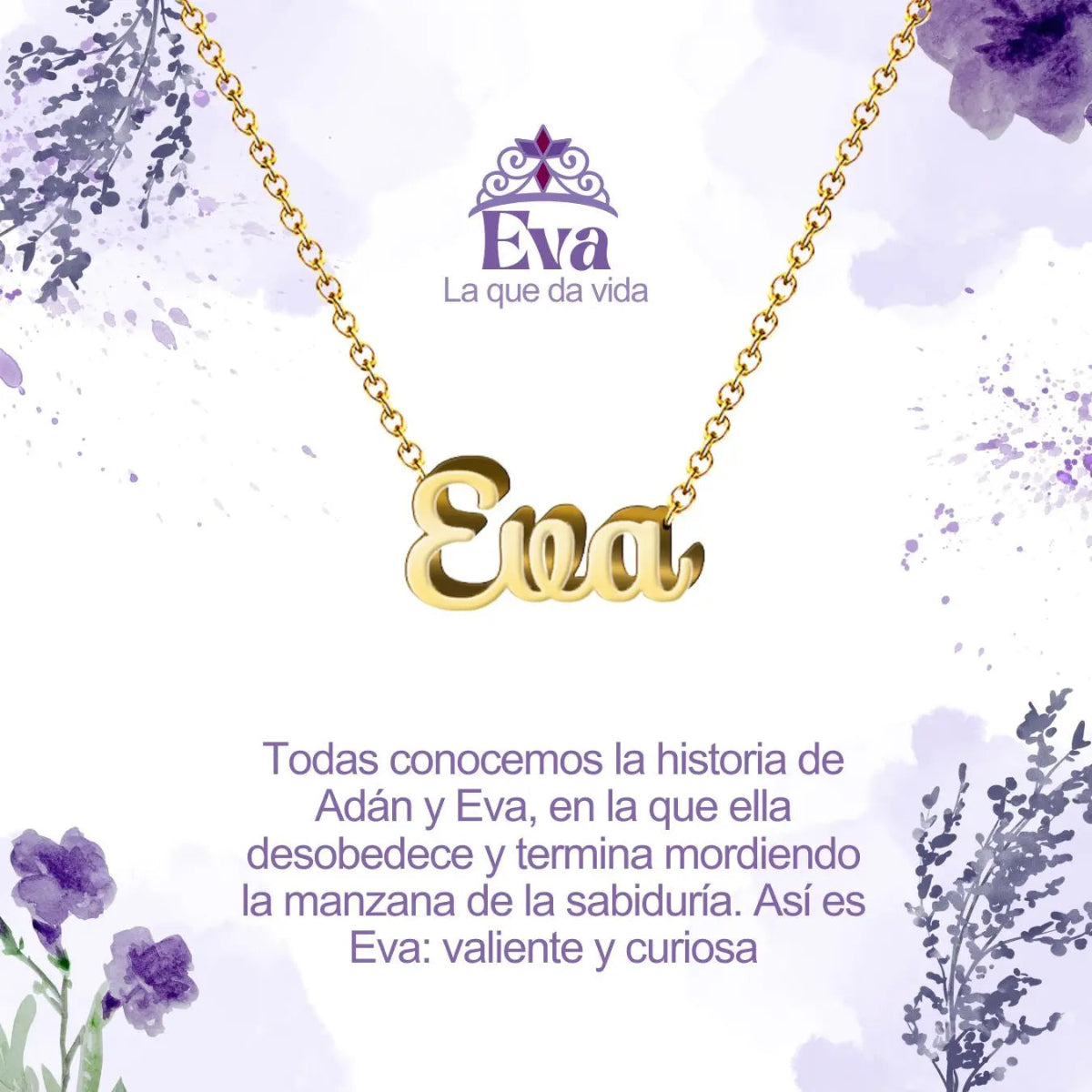 Collar con nombre Eva diseño corto y elegante bañado en oro 14k significado de vida y origen regalo mujer esencial.