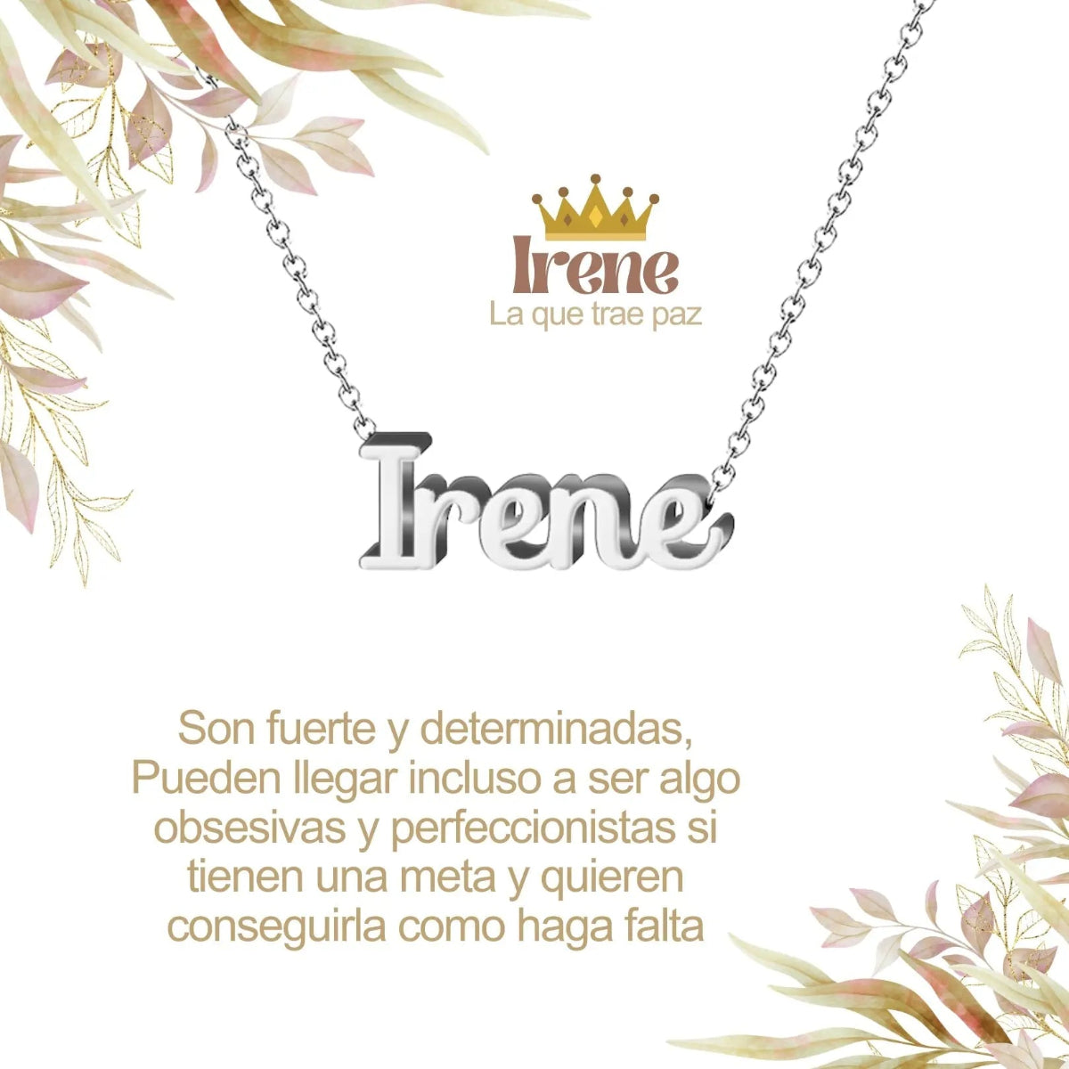 Collar con nombre Irene en acero inoxidable plateado resistente al agua joya serena regalo para mujer equilibrada.